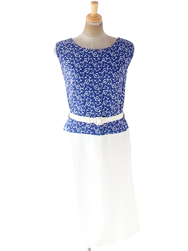 ヨーロッパ古着 フランス買い付け 60年代製 ブルー レトロ柄刺繍 X ホワイト スカート ベルト付き ワンピース 21FC015