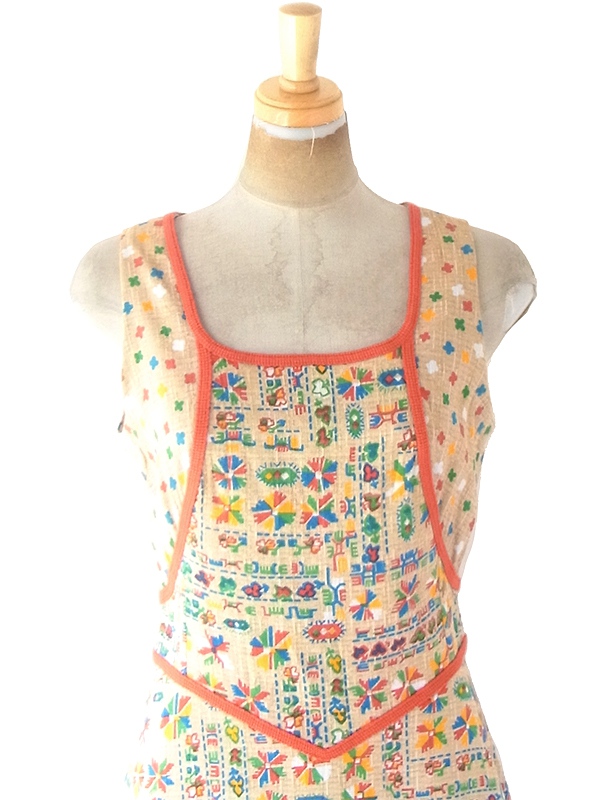ヨーロッパ古着 フランス買い付け 60年代製 ベージュ X カラフル レトロ柄 オレンジ テープ ワンピース 21FC103