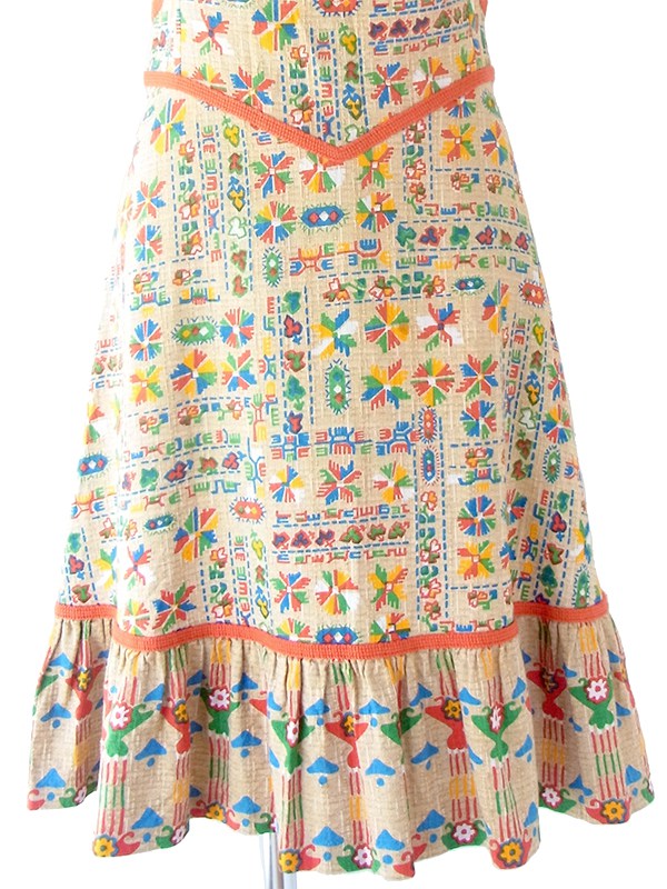 ヨーロッパ古着 フランス買い付け 60年代製 ベージュ X カラフル レトロ柄 オレンジ テープ ワンピース 21FC103