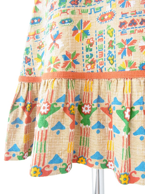 ヨーロッパ古着 フランス買い付け 60年代製 ベージュ X カラフル レトロ柄 オレンジ テープ ワンピース 21FC103