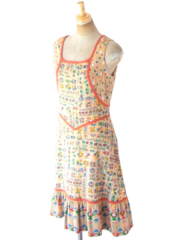 ヨーロッパ古着 フランス買い付け 60年代製 ベージュ X カラフル レトロ柄 オレンジ テープ ワンピース 21FC103