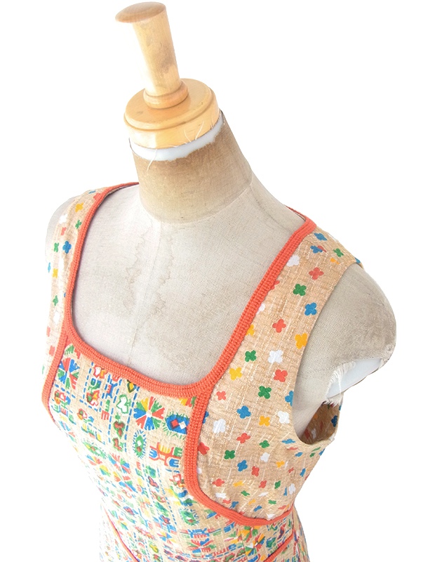 ヨーロッパ古着 フランス買い付け 60年代製 ベージュ X カラフル レトロ柄 オレンジ テープ ワンピース 21FC103