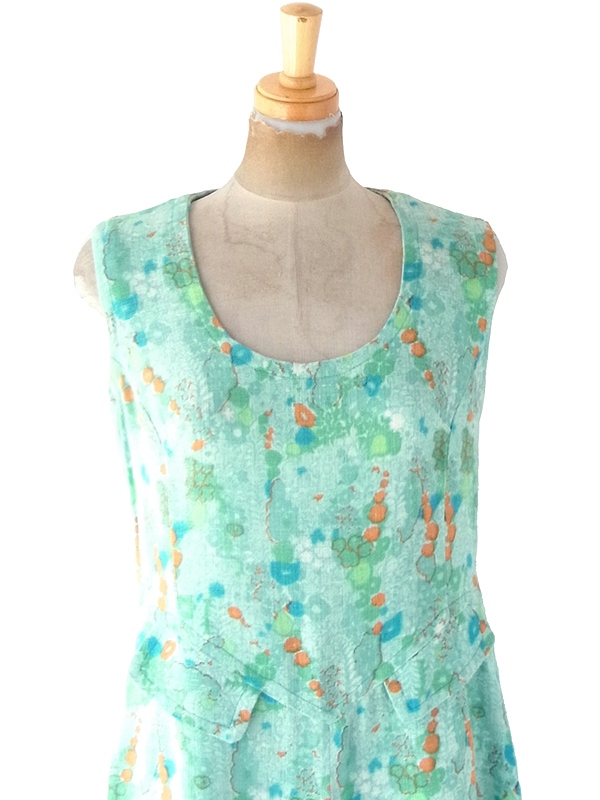 ヨーロッパ古着 フランス買い付け 60年代製 エメラルドグリーン X ブルー・ オレンジ レトロ柄 ヴィンテージ ワンピース 21FC104