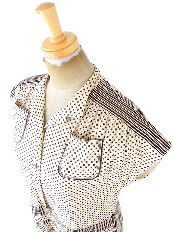 ヨーロッパ古着 フランス買い付け 70年代製 アイボリー X ブラウン レトロ柄 ヴィンテージ ワンピース 21FC106