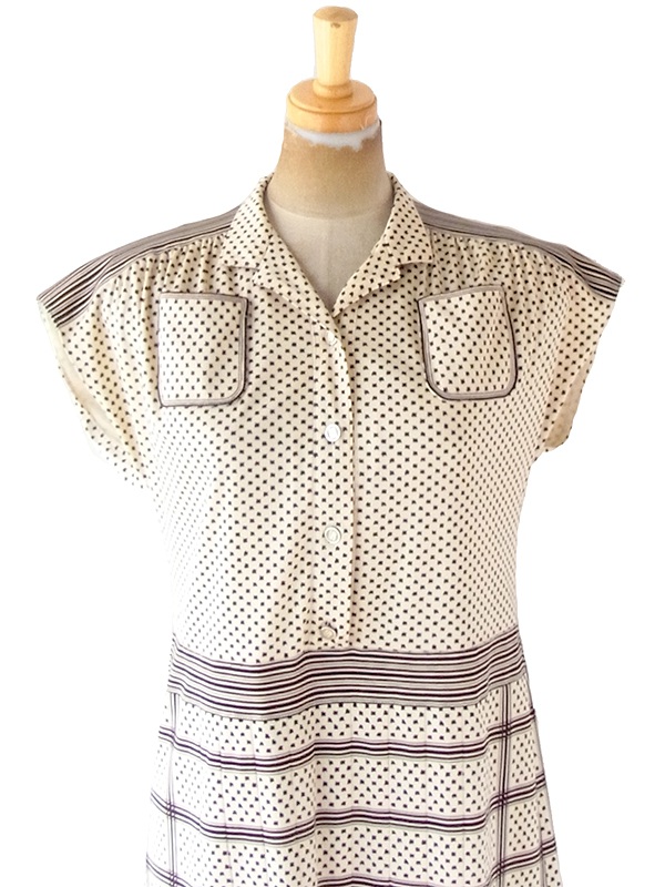 ヨーロッパ古着 フランス買い付け 70年代製 アイボリー X ブラウン レトロ柄 ヴィンテージ ワンピース 21FC106