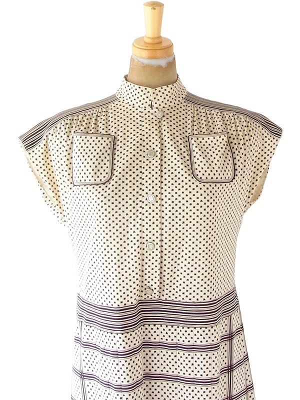 ヨーロッパ古着 フランス買い付け 70年代製 アイボリー X ブラウン レトロ柄 ヴィンテージ ワンピース 21FC106