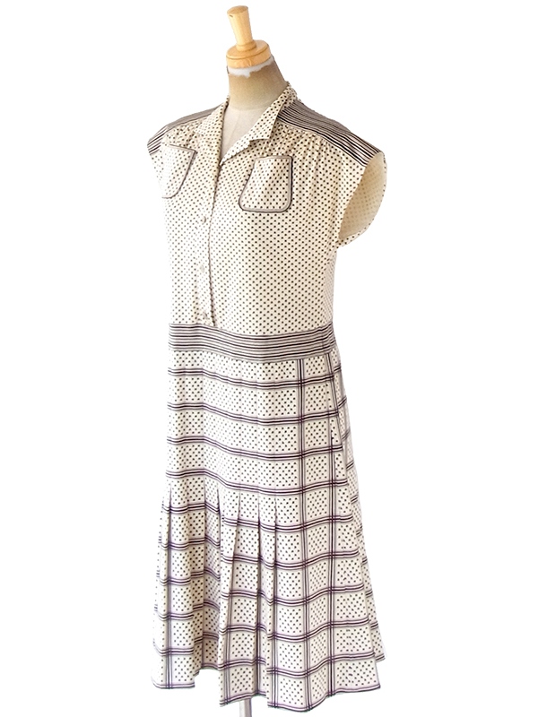 ヨーロッパ古着 フランス買い付け 70年代製 アイボリー X ブラウン レトロ柄 ヴィンテージ ワンピース 21FC106