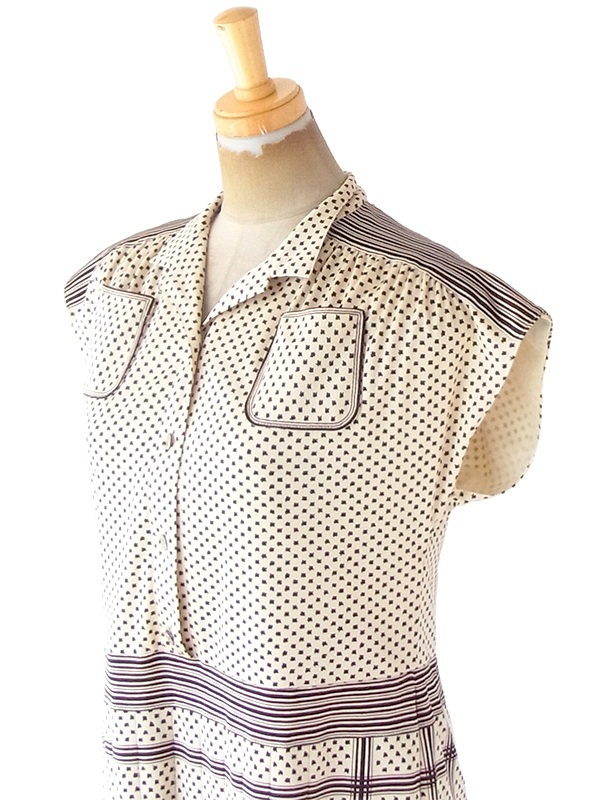 ヨーロッパ古着 フランス買い付け 70年代製 アイボリー X ブラウン レトロ柄 ヴィンテージ ワンピース 21FC106