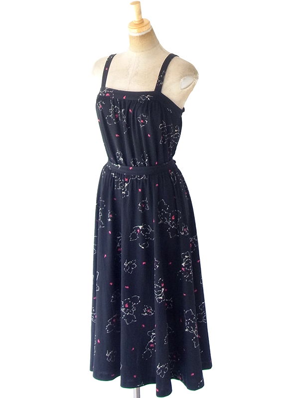 ヨーロッパ古着 フランス買い付け 70年代製 ブラック X レッド  共布ベルト付き ストラップ ワンピース 21FC109