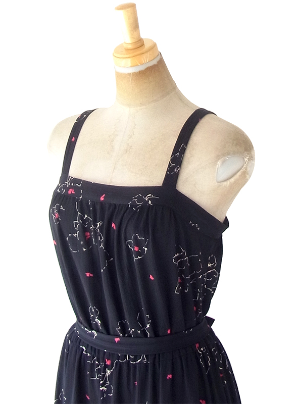 ヨーロッパ古着 フランス買い付け 70年代製 ブラック X レッド  共布ベルト付き ストラップ ワンピース 21FC109