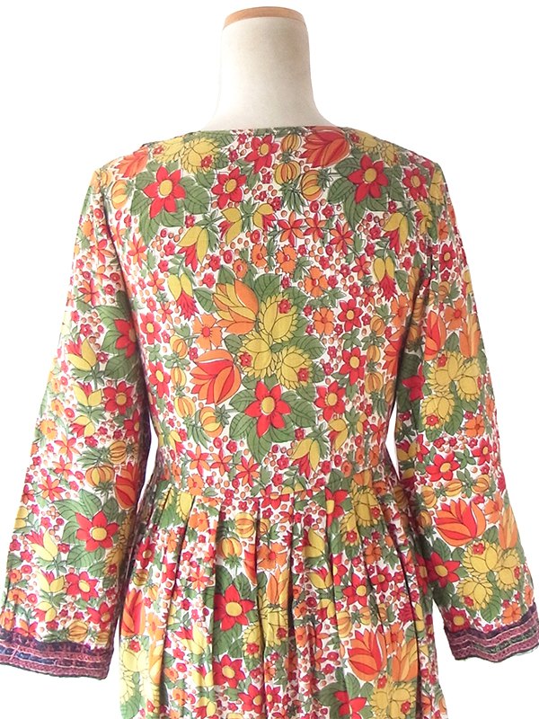 ヨーロッパ古着 フランス買い付け 60年代製 カラフル ステッチ X 花柄 ヴィンテージ ロング ワンピース 21FC111