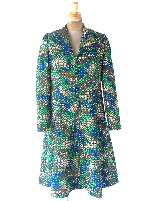 ヨーロッパ古着 フランス買い付け 70年代製 グリーン X ブルー X ベージュ レトロ柄 ダブル襟 ワンピース 21FC206