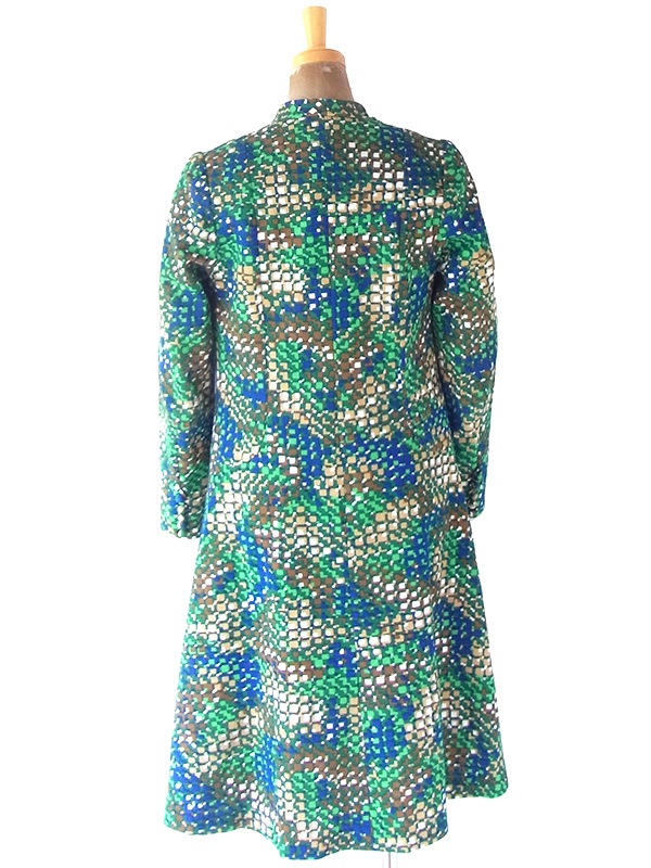 ヨーロッパ古着 フランス買い付け 70年代製 グリーン X ブルー X ベージュ レトロ柄 ダブル襟 ワンピース 21FC206