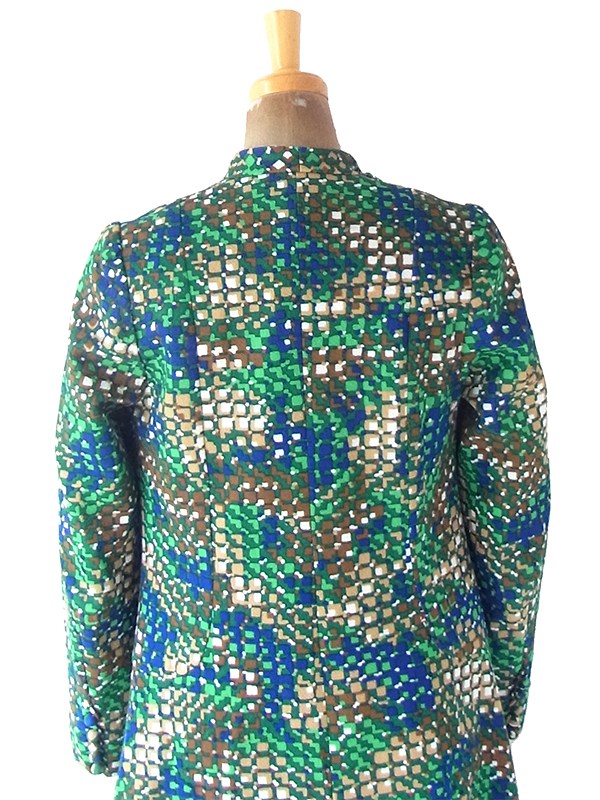 ヨーロッパ古着 フランス買い付け 70年代製 グリーン X ブルー X ベージュ レトロ柄 ダブル襟 ワンピース 21FC206