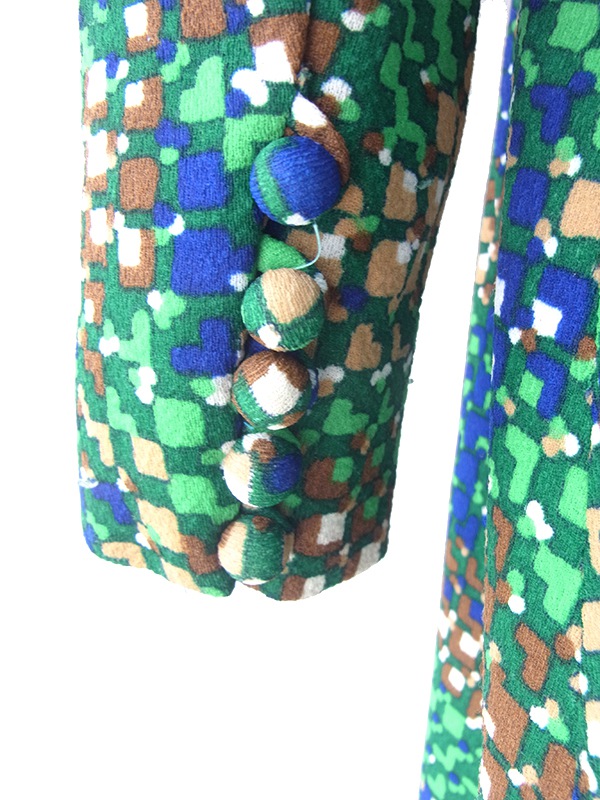 ヨーロッパ古着 フランス買い付け 70年代製 グリーン X ブルー X ベージュ レトロ柄 ダブル襟 ワンピース 21FC206