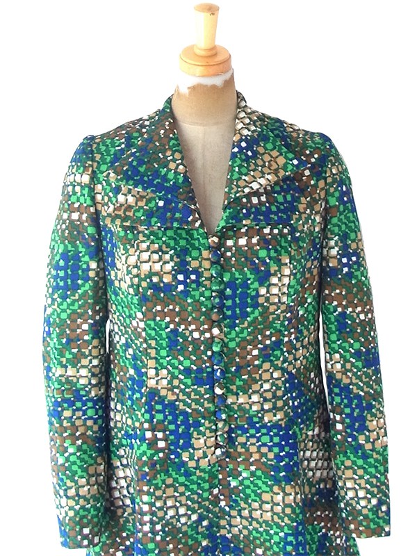 ヨーロッパ古着 フランス買い付け 70年代製 グリーン X ブルー X ベージュ レトロ柄 ダブル襟 ワンピース 21FC206