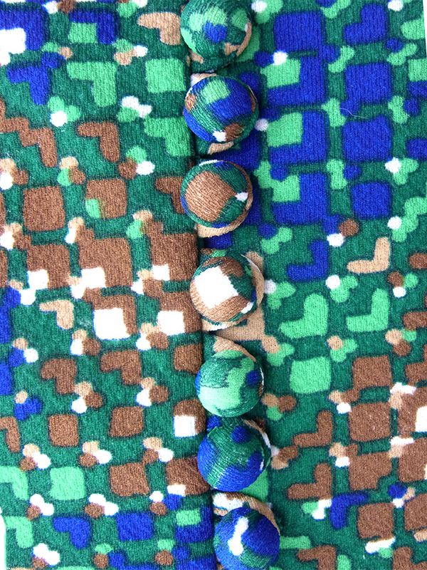 ヨーロッパ古着 フランス買い付け 70年代製 グリーン X ブルー X ベージュ レトロ柄 ダブル襟 ワンピース 21FC206