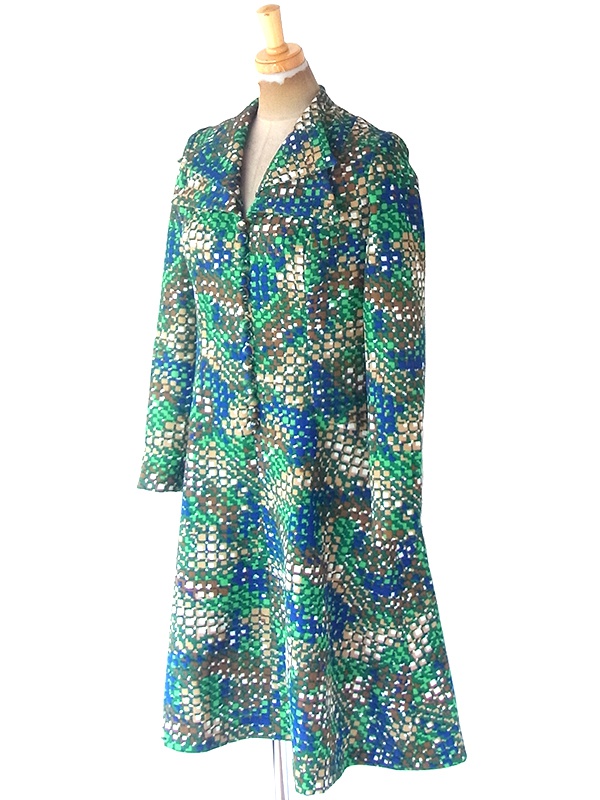 ヨーロッパ古着 フランス買い付け 70年代製 グリーン X ブルー X ベージュ レトロ柄 ダブル襟 ワンピース 21FC206