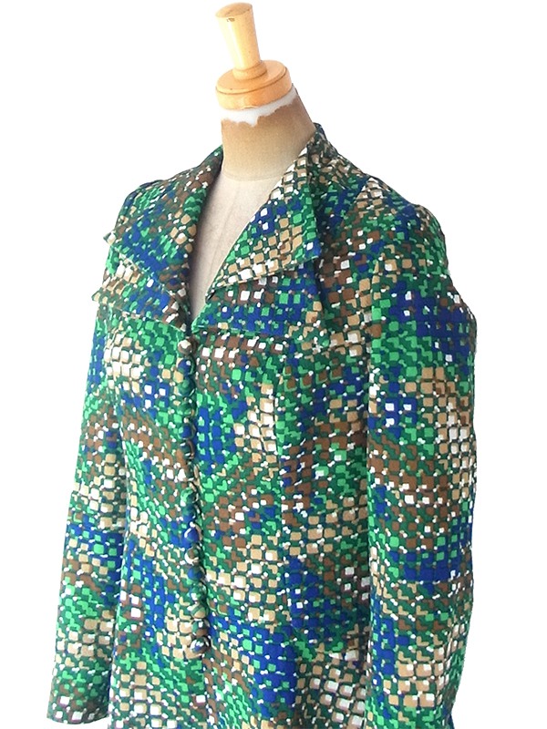 ヨーロッパ古着 フランス買い付け 70年代製 グリーン X ブルー X ベージュ レトロ柄 ダブル襟 ワンピース 21FC206