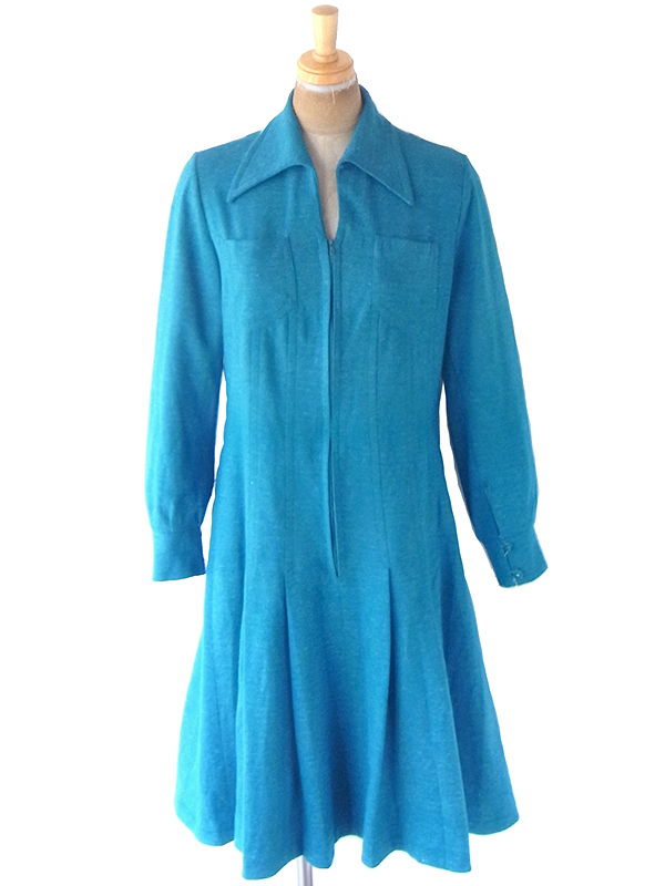 ヨーロッパ古着 フランス買い付け 60年代製 ターコイズブルー X フロントジップ プリーツ ワンピース 21FC221