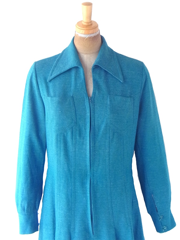 ヨーロッパ古着 フランス買い付け 60年代製 ターコイズブルー X フロントジップ プリーツ ワンピース 21FC221