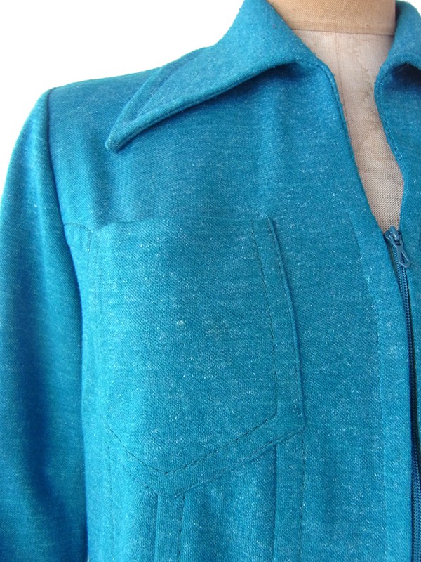 ヨーロッパ古着 フランス買い付け 60年代製 ターコイズブルー X フロントジップ プリーツ ワンピース 21FC221