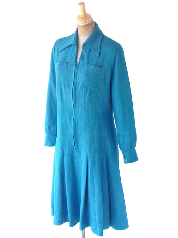 ヨーロッパ古着 フランス買い付け 60年代製 ターコイズブルー X フロントジップ プリーツ ワンピース 21FC221