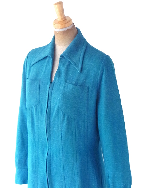 ヨーロッパ古着 フランス買い付け 60年代製 ターコイズブルー X フロントジップ プリーツ ワンピース 21FC221