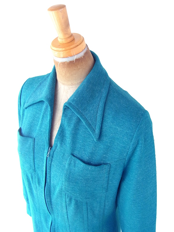 ヨーロッパ古着 フランス買い付け 60年代製 ターコイズブルー X フロントジップ プリーツ ワンピース 21FC221