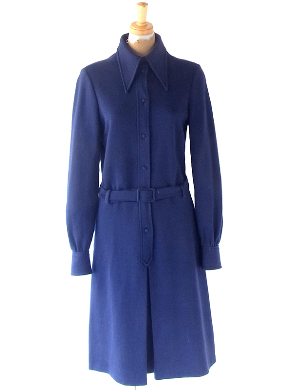 ヨーロッパ古着 60年代フランス製 ミッドナイトブルー X 共布ベルト付き ヴィンテージ ワンピース 21FC301