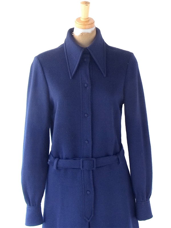 ヨーロッパ古着 60年代フランス製 ミッドナイトブルー X 共布ベルト付き ヴィンテージ ワンピース 21FC301