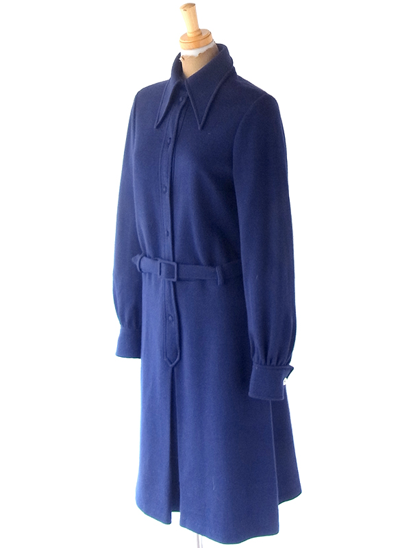 ヨーロッパ古着 60年代フランス製 ミッドナイトブルー X 共布ベルト付き ヴィンテージ ワンピース 21FC301