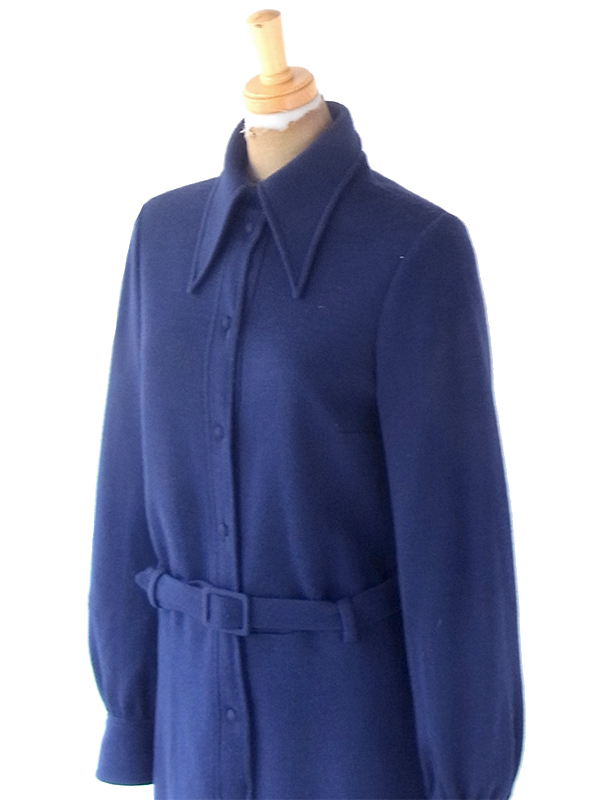 ヨーロッパ古着 60年代フランス製 ミッドナイトブルー X 共布ベルト付き ヴィンテージ ワンピース 21FC301