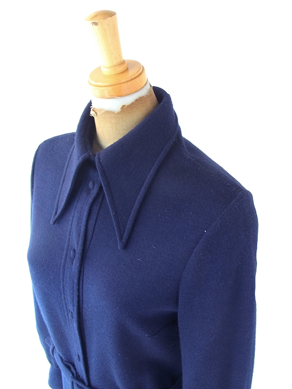 ヨーロッパ古着 60年代フランス製 ミッドナイトブルー X 共布ベルト付き ヴィンテージ ワンピース 21FC301