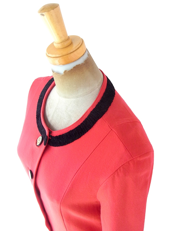 ヨーロッパ古着 60年代西ドイツ製 Louis Feraud レッド X ブラック縁取り ウール ワンピース 21FC306