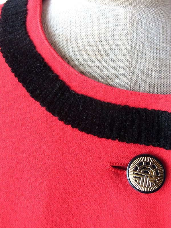 【上質】 日本製 伊太利屋 ITALIYA ウール ワンピース 7 レッド ♪ 送料無料】60年代西ドイツ製 Louis Feraud レッド X ブラック