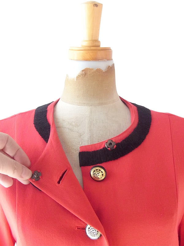 ヨーロッパ古着 60年代西ドイツ製 Louis Feraud レッド X ブラック縁取り ウール ワンピース 21FC306