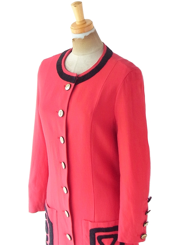 ヨーロッパ古着 60年代西ドイツ製 Louis Feraud レッド X ブラック縁取り ウール ワンピース 21FC306