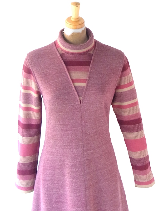 ヨーロッパ古着 フランス買い付け 60年代製 マゼンダ X ボーダー 切り返し ロールカラー ワンピース 21FC310