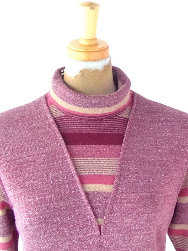 ヨーロッパ古着 フランス買い付け 60年代製 マゼンダ X ボーダー 切り返し ロールカラー ワンピース 21FC310