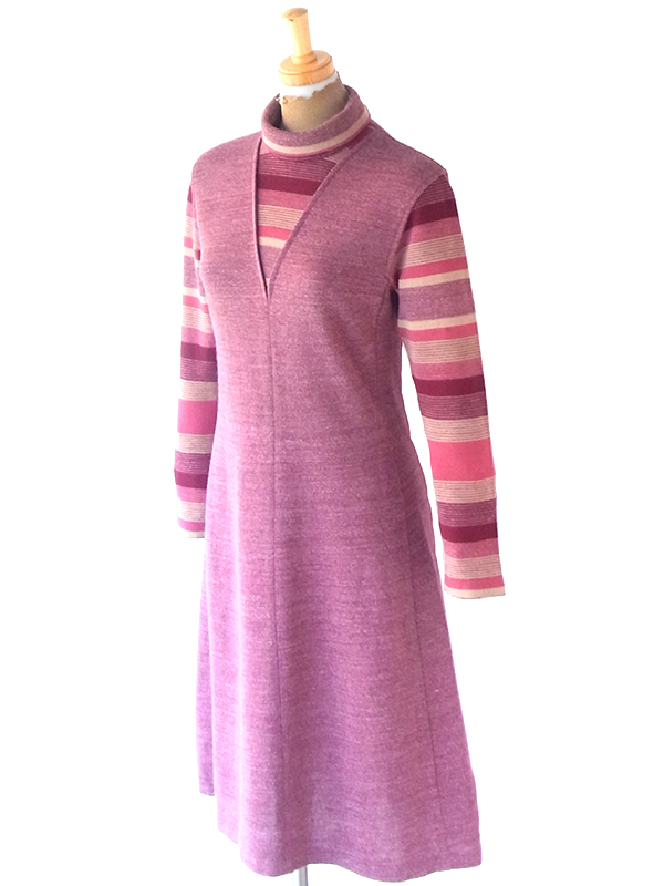 ヨーロッパ古着 フランス買い付け 60年代製 マゼンダ X ボーダー 切り返し ロールカラー ワンピース 21FC310