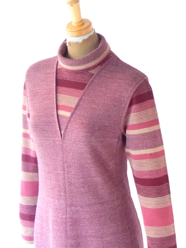 ヨーロッパ古着 フランス買い付け 60年代製 マゼンダ X ボーダー 切り返し ロールカラー ワンピース 21FC310