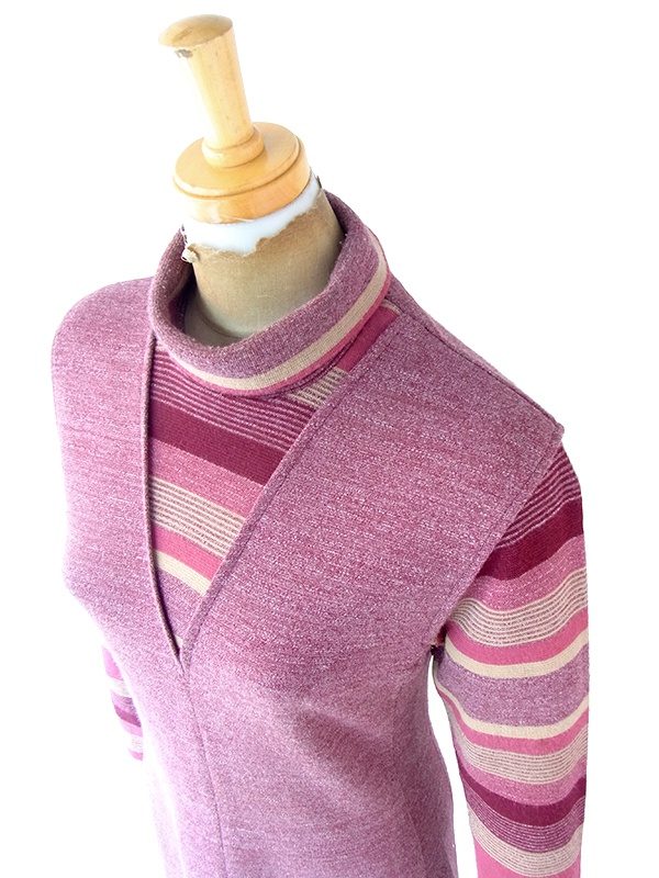 ヨーロッパ古着 フランス買い付け 60年代製 マゼンダ X ボーダー 切り返し ロールカラー ワンピース 21FC310