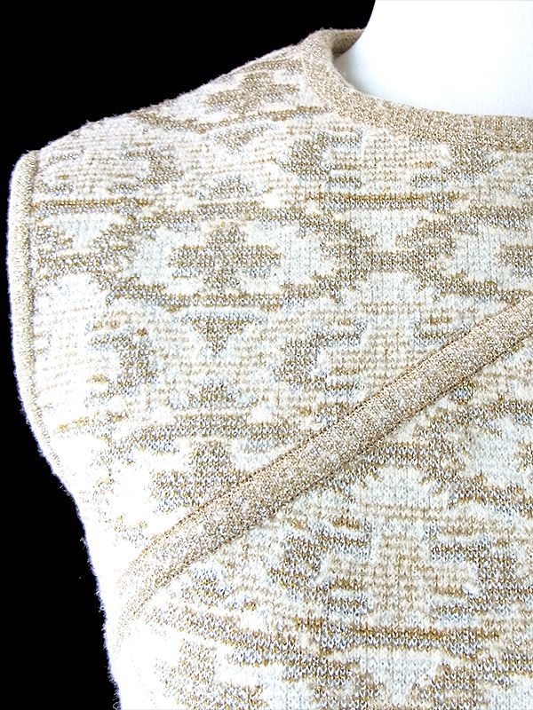 【送料無料】 60年代イタリア製 アイボリー X シルバー・ゴールド ラメ糸織り レトロ柄 ウール ワンピース 21FC311【ヨーロッパ古着】