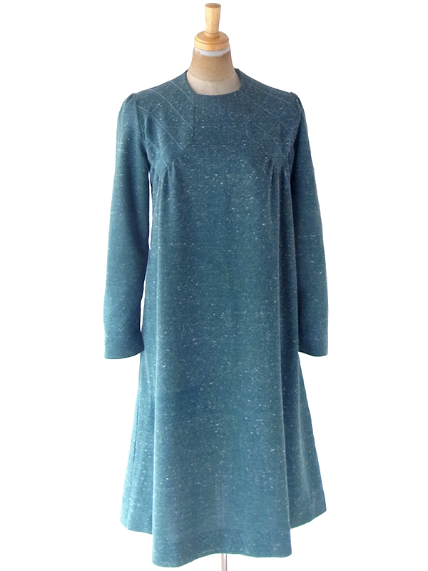 ヨーロッパ古着 フランス買い付け 60年代製 スレートグリーン X ステッチ デザイン ウール ワンピース 21FC318