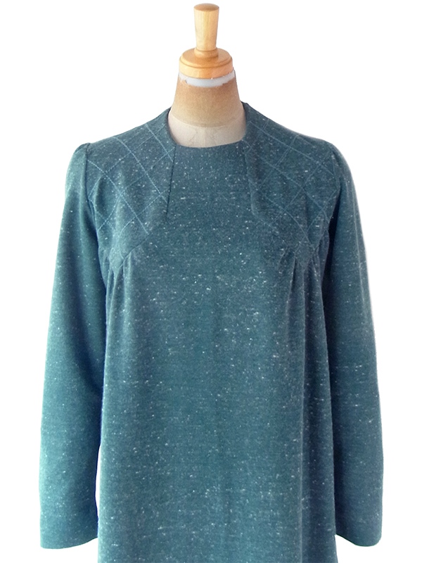 ヨーロッパ古着 フランス買い付け 60年代製 スレートグリーン X ステッチ デザイン ウール ワンピース 21FC318