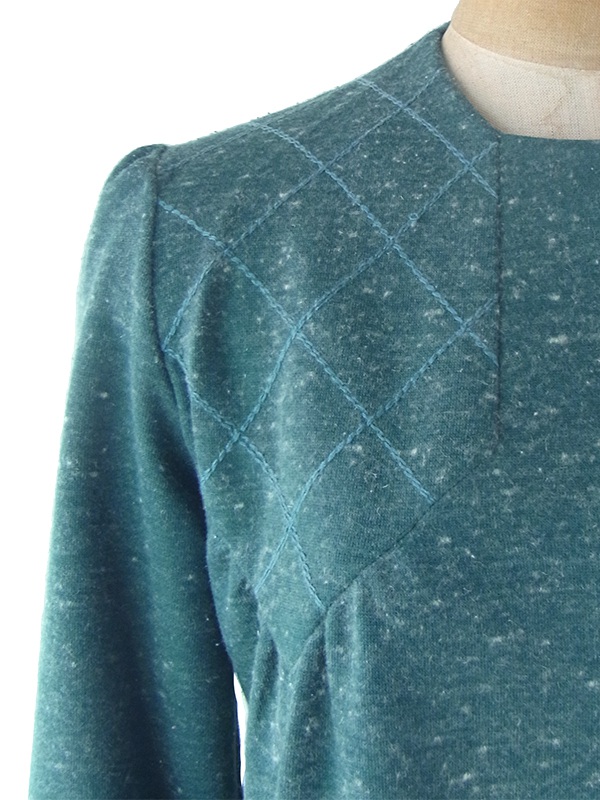 ヨーロッパ古着 フランス買い付け 60年代製 スレートグリーン X ステッチ デザイン ウール ワンピース 21FC318