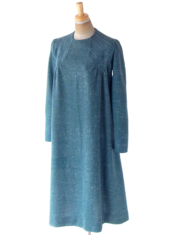 ヨーロッパ古着 フランス買い付け 60年代製 スレートグリーン X ステッチ デザイン ウール ワンピース 21FC318