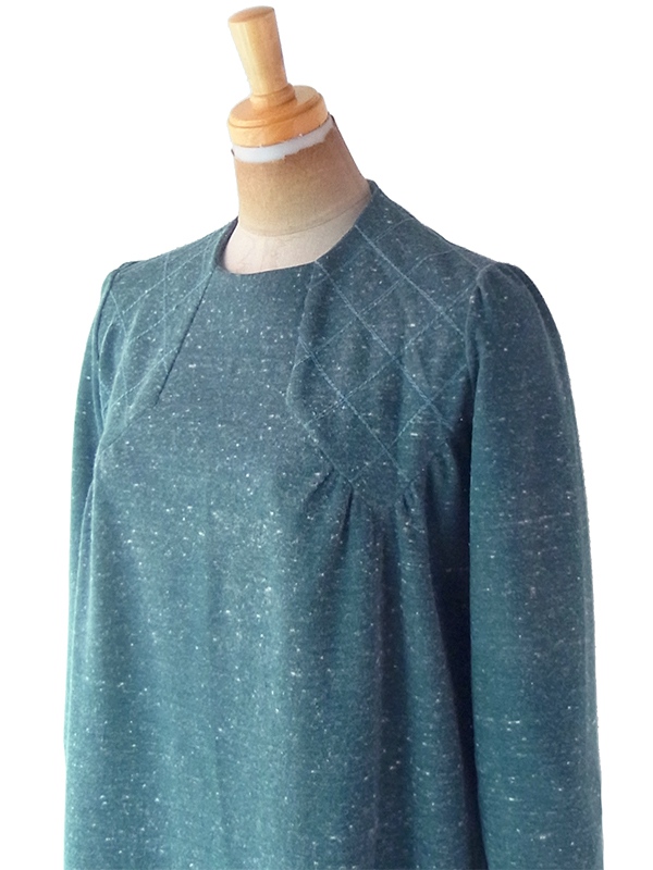 ヨーロッパ古着 フランス買い付け 60年代製 スレートグリーン X ステッチ デザイン ウール ワンピース 21FC318