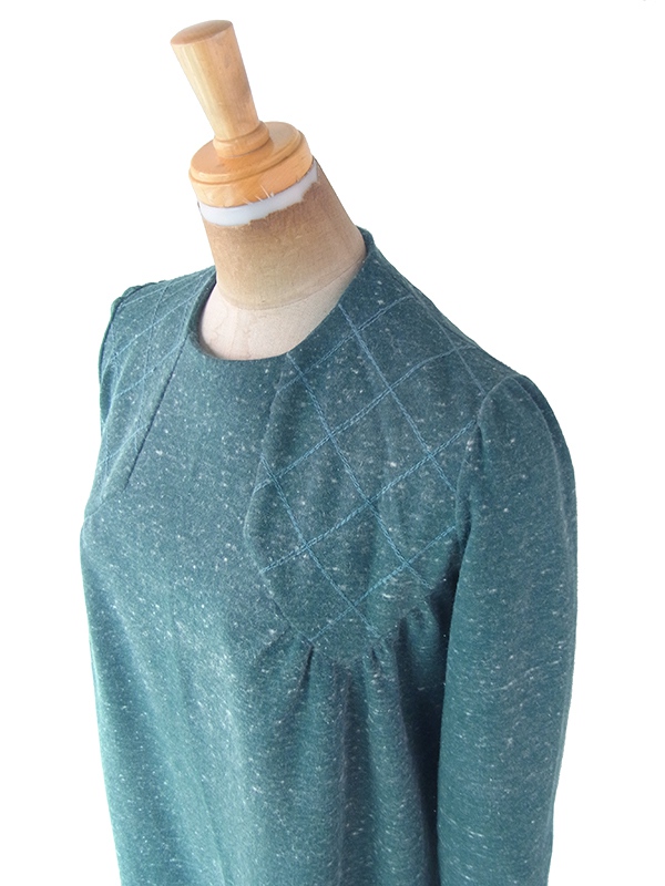 ヨーロッパ古着 フランス買い付け 60年代製 スレートグリーン X ステッチ デザイン ウール ワンピース 21FC318